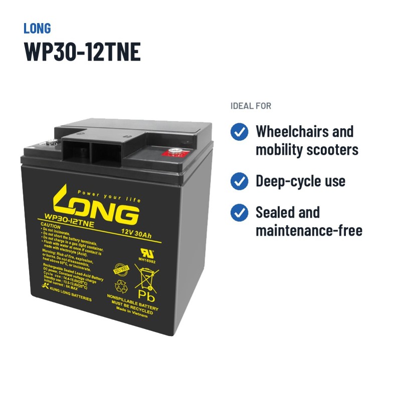 Batteria per carrozzina Long WP30-12TNE 12V 30Ah AGM – usi consigliati