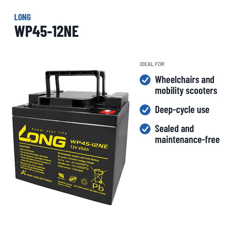 Batteria per carrozzina Long WP45-12NE 12V 45Ah AGM – usi consigliati