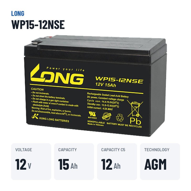 Batteria per carrozzina Long WP15-12NSE 12V 15Ah AGM – dati principali