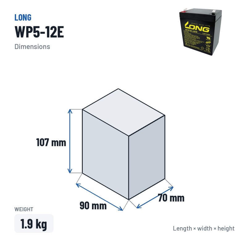 Wheelchair battery Long WP5-12E 12V 5Ah AGM – dimensions 90 × 70 × 107 mm