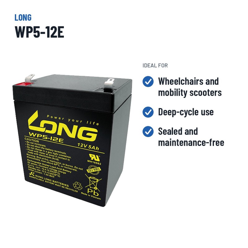 Bateria de cadeira de rodas Long WP5-12E 12V 5Ah AGM – utilizações recomendadas