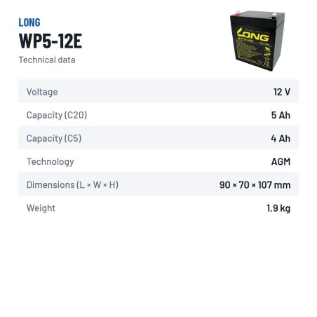 Batteria per carrozzina Long WP5-12E 12V 5Ah AGM – scheda tecnica