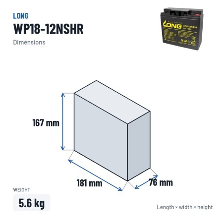 Batterie stationnaire onduleur Long WP18-12NSHR 12V 18Ah AGM – dimensions 181 × 76 × 167 mm
