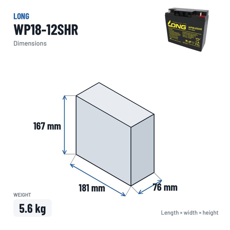 Stationärbatterie USV Long WP18-12SHR 12V 18Ah AGM – Abmessungen 181 × 76 × 167 mm