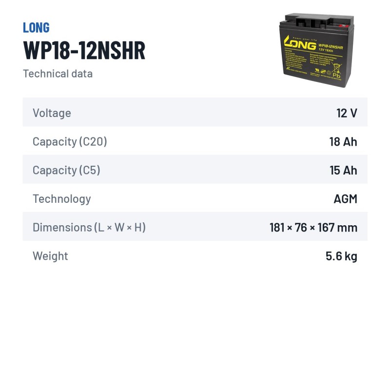 Batteria stazionaria UPS Long WP18-12NSHR 12V 18Ah AGM – scheda tecnica