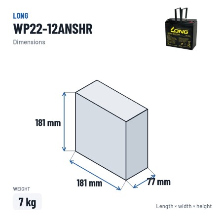 Batteria stazionaria UPS Long WP22-12ANSHR 12V 22Ah AGM – dimensioni 181 × 77 × 181 mm