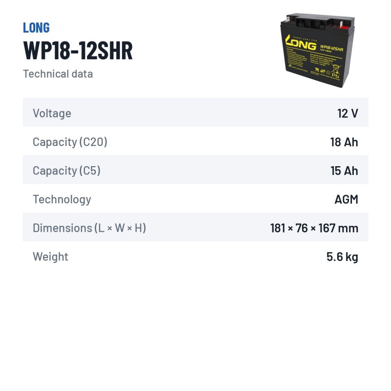 Bateria estacionária UPS Long WP18-12SHR 12V 18Ah AGM – ficha técnica
