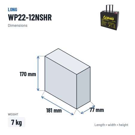 Batterie stationnaire onduleur Long WP22-12NSHR 12V 22Ah AGM – dimensions 181 × 77 × 170 mm