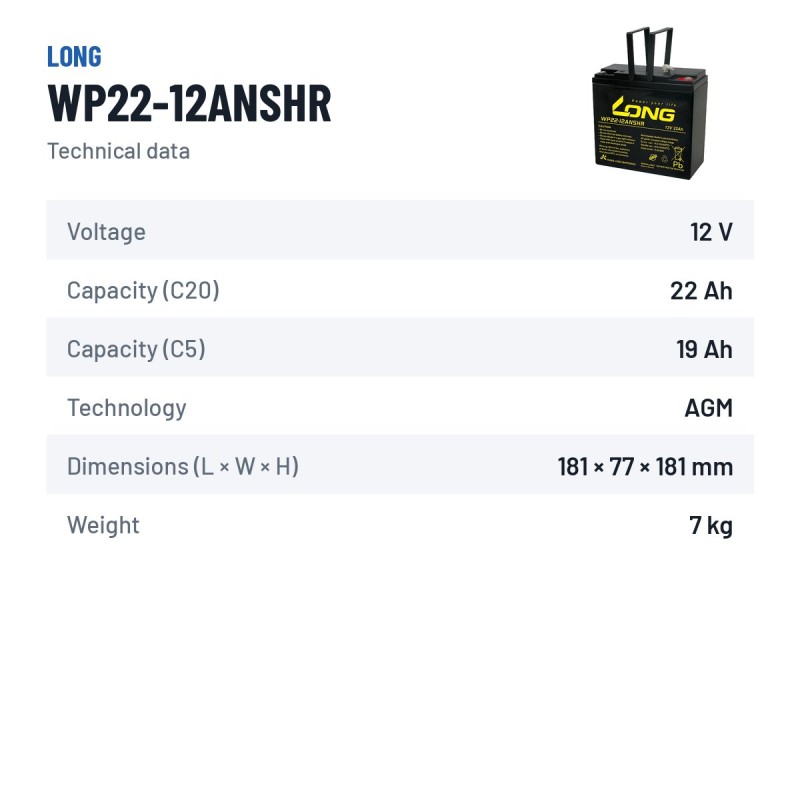 Batería estacionaria SAI/UPS Long WP22-12ANSHR 12V 22Ah AGM – ficha técnica