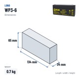 Batería estacionaria SAI/UPS Long WP3-6 6V 3Ah AGM – medidas 134 × 34 × 65 mm