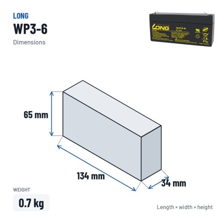 Batería estacionaria SAI/UPS Long WP3-6 6V 3Ah AGM – medidas 134 × 34 × 65 mm