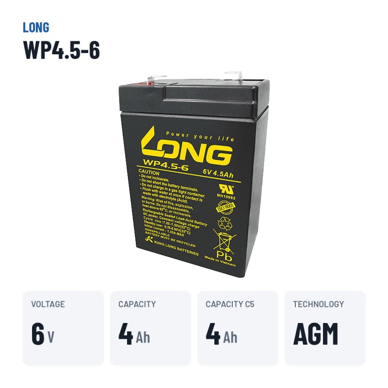 Bateria estacionária UPS Long WP4.5-6 6V 4.5Ah AGM – dados principais