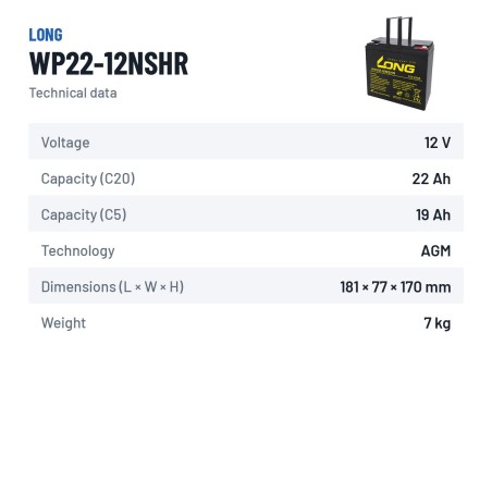 Batterie stationnaire onduleur Long WP22-12NSHR 12V 22Ah AGM – fiche technique