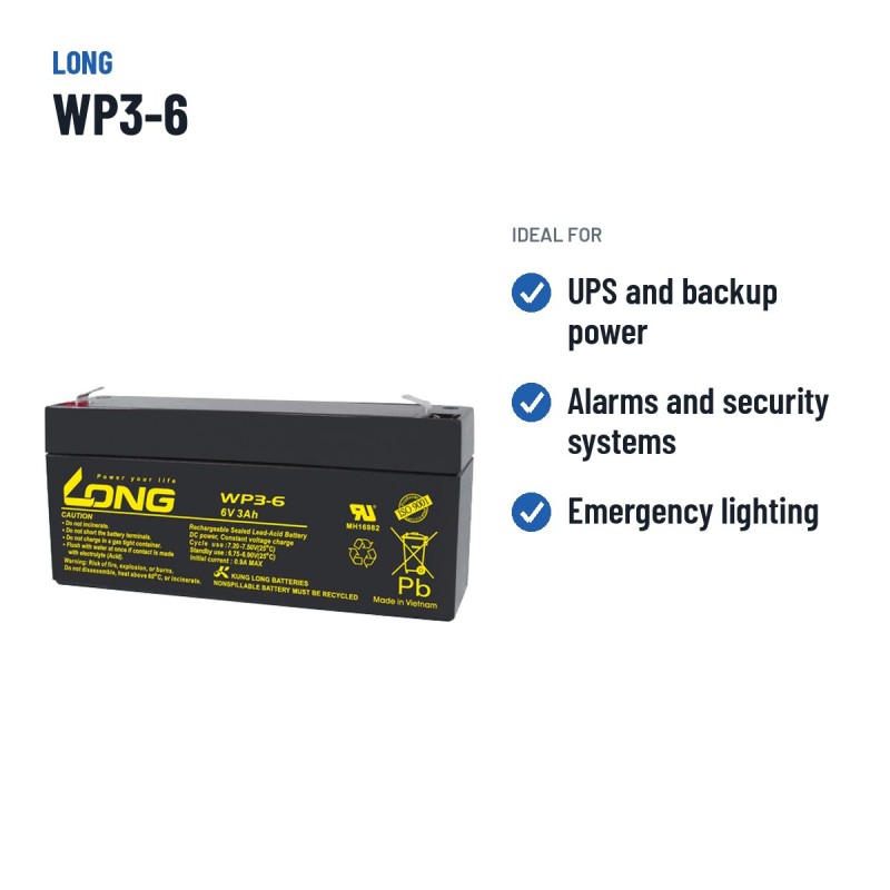 Batteria stazionaria UPS Long WP3-6 6V 3Ah AGM – usi consigliati