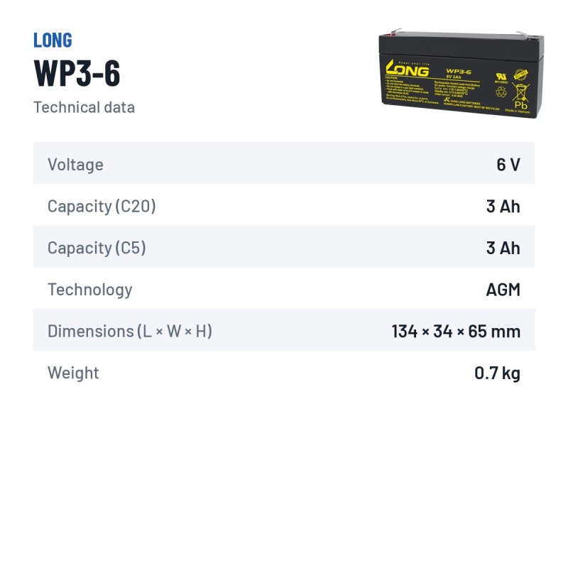 Batería estacionaria SAI/UPS Long WP3-6 6V 3Ah AGM – ficha técnica