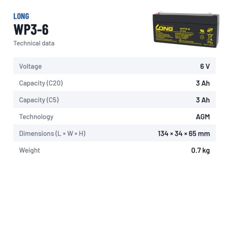 Batería estacionaria SAI/UPS Long WP3-6 6V 3Ah AGM – ficha técnica
