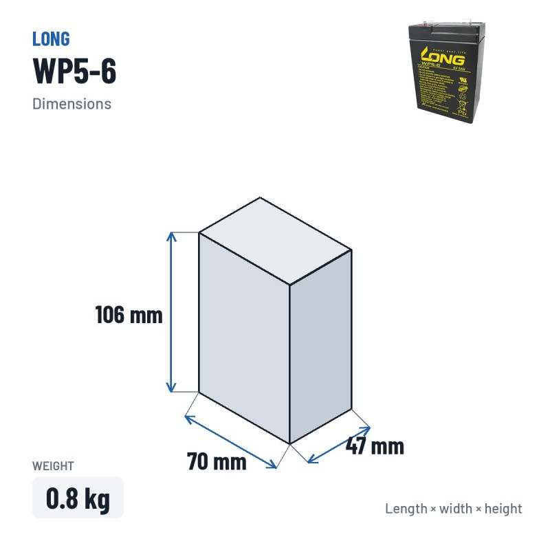 Batterie stationnaire onduleur Long WP5-6 6V 5Ah AGM – dimensions 70 × 47 × 106 mm