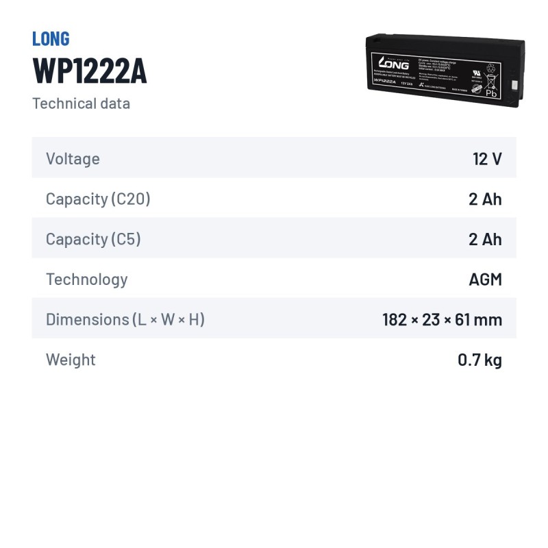 Batería estacionaria SAI/UPS Long WP1222A 12V 2Ah AGM