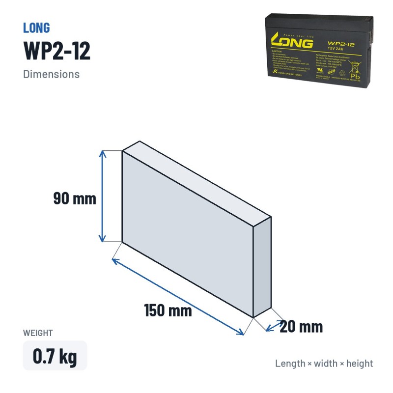 Stationärbatterie USV Long WP2-12 12V 2Ah AGM – Abmessungen 150 × 20 × 90 mm