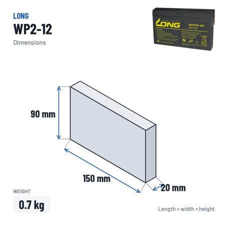 Batería estacionaria SAI/UPS Long WP2-12 12V 2Ah AGM – medidas 150 × 20 × 90 mm