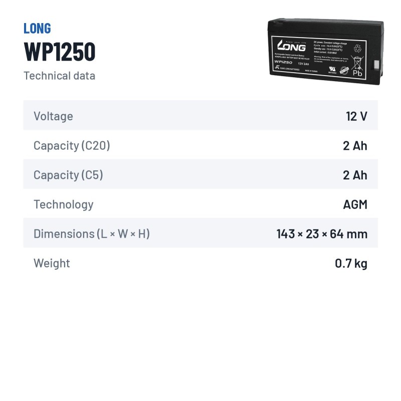Bateria estacionária UPS Long WP1250 12V 2Ah AGM – ficha técnica