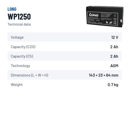 Batterie stationnaire onduleur Long WP1250 12V 2Ah AGM