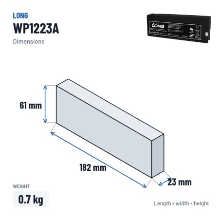 Stationärbatterie USV Long WP1223A 12V 2.1Ah AGM – Abmessungen 182 × 23 × 61 mm