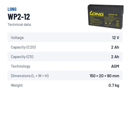 Stationärbatterie USV Long WP2-12 12V 2Ah AGM – technische Daten