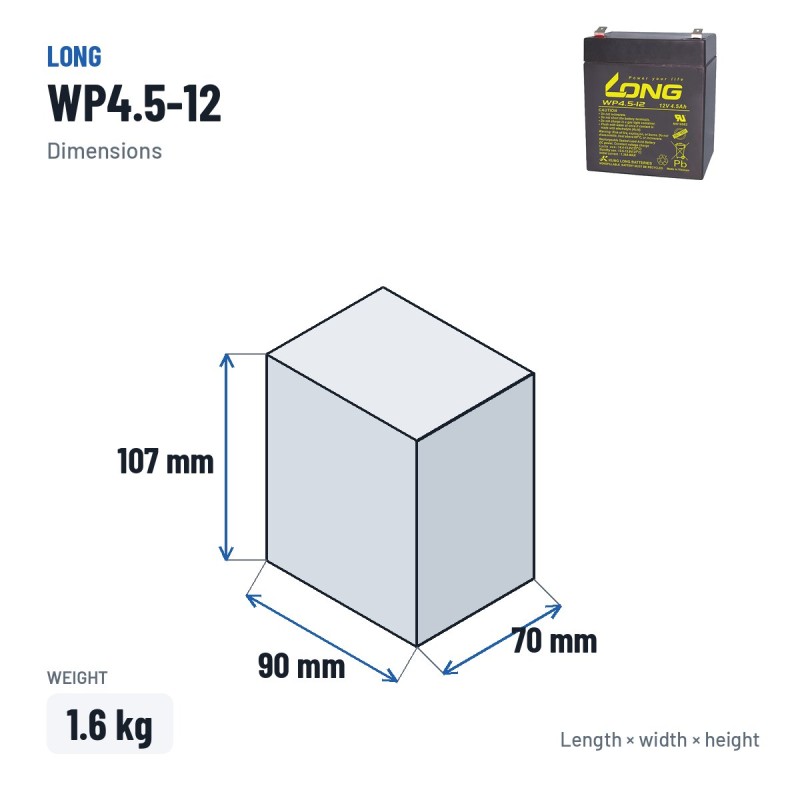 Stationärbatterie USV Long WP4.5-12 12V 4.5Ah AGM – Abmessungen 90 × 70 × 107 mm