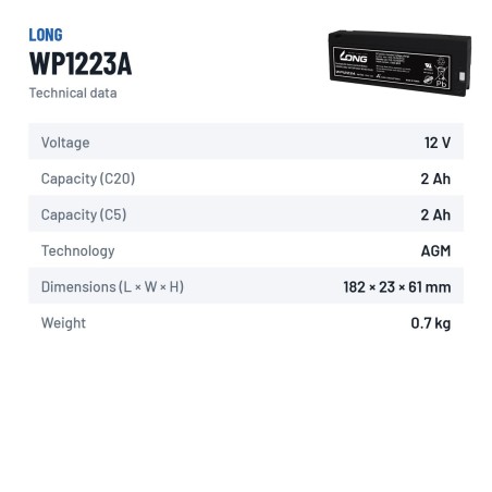 Batteria stazionaria UPS Long WP1223A 12V 2.1Ah AGM – scheda tecnica
