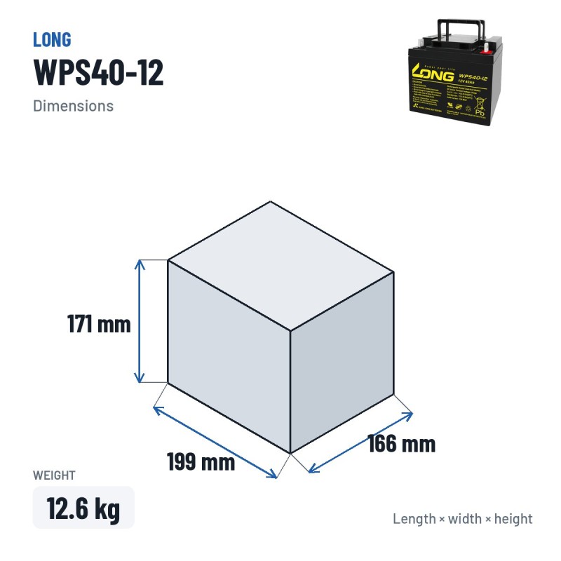 Stationärbatterie USV Long WPS40-12 12V 40Ah AGM – Abmessungen 199 × 166 × 171 mm