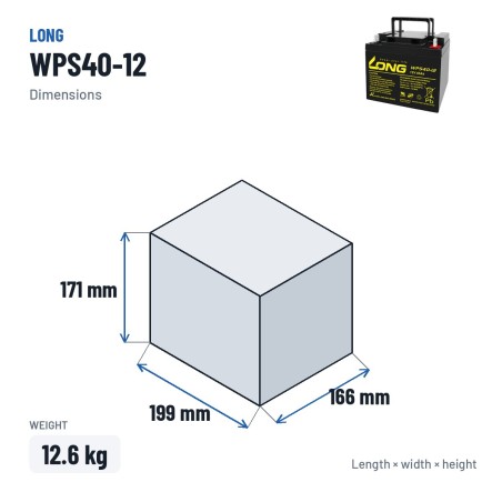Stationärbatterie USV Long WPS40-12 12V 40Ah AGM – Abmessungen 199 × 166 × 171 mm