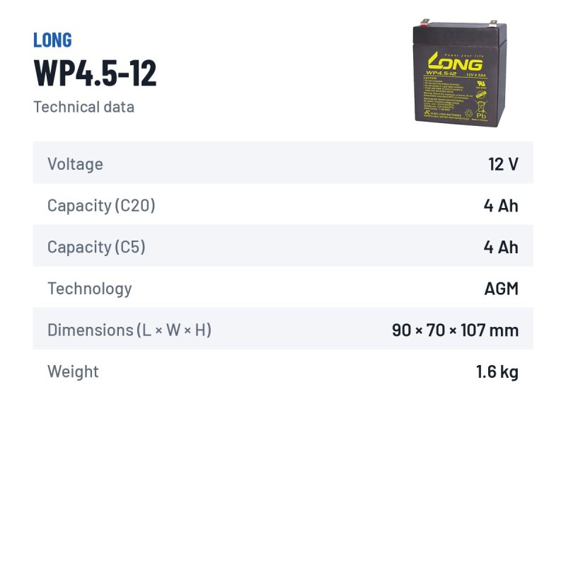 Batteria stazionaria UPS Long WP4.5-12 12V 4.5Ah AGM – scheda tecnica