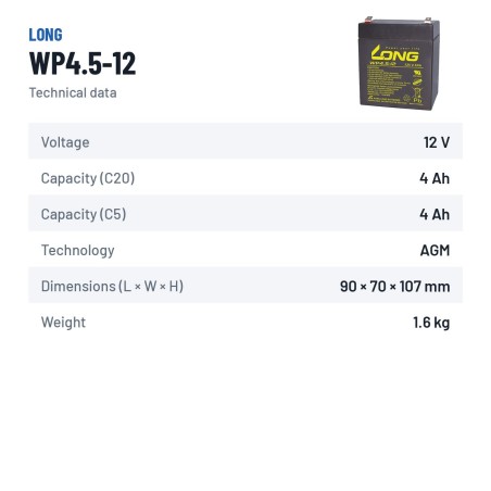 Stationärbatterie USV Long WP4.5-12 12V 4.5Ah AGM – technische Daten