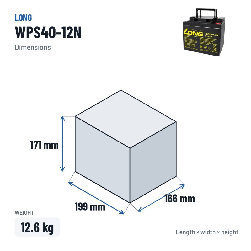 Stationary UPS battery Long WPS40-12N 12V 40Ah AGM – dimensions 199 × 166 × 171 mm