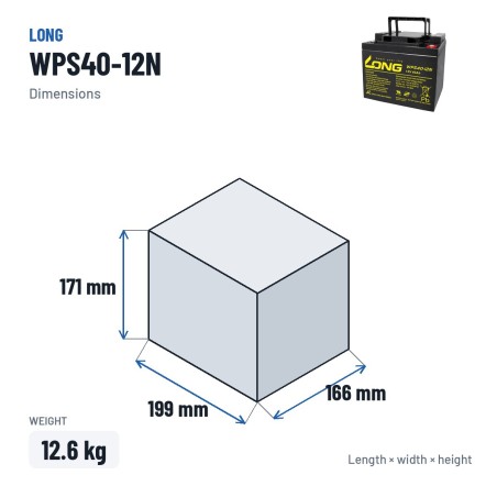 Batería estacionaria SAI/UPS Long WPS40-12N 12V 40Ah AGM – medidas 199 × 166 × 171 mm