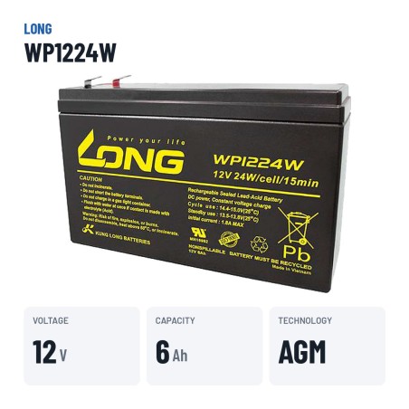 Bateria estacionária UPS Long WP1224W 12V 6Ah AGM – dados principais