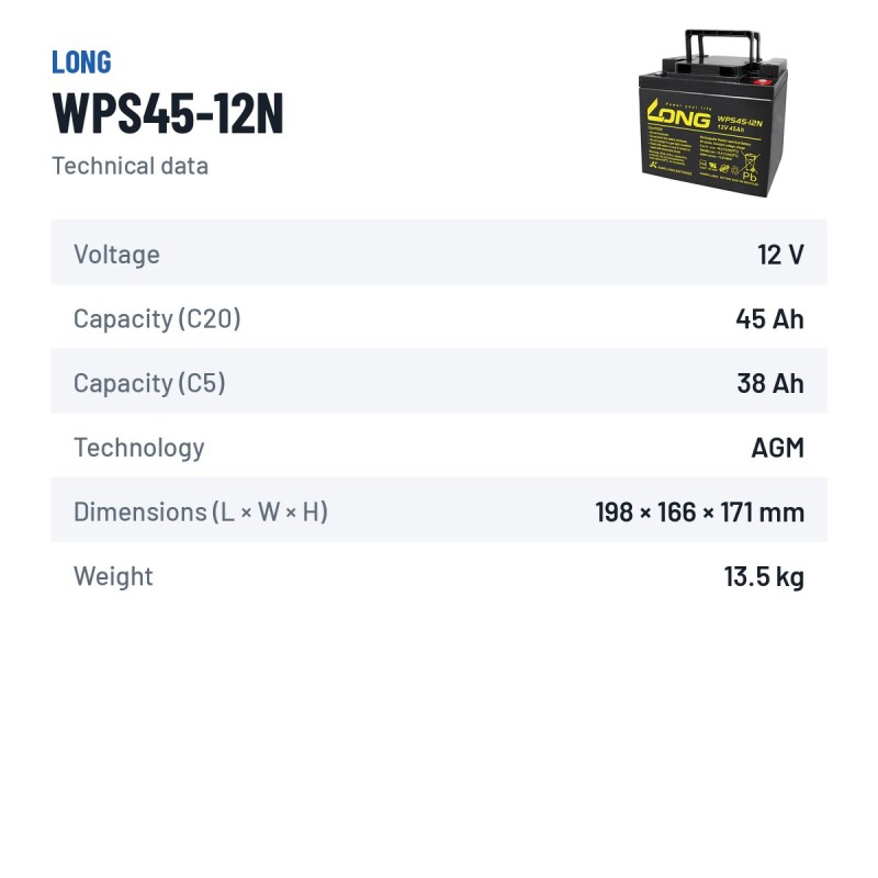 Batería estacionaria SAI/UPS Long WPS45-12N 12V 45Ah AGM – ficha técnica