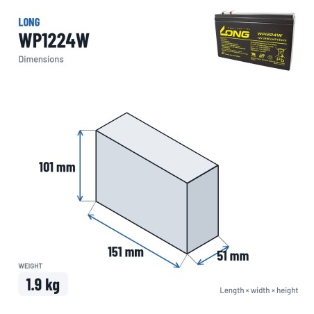 Bateria estacionária UPS Long WP1224W 12V 6Ah AGM – medidas 151 × 51 × 101 mm