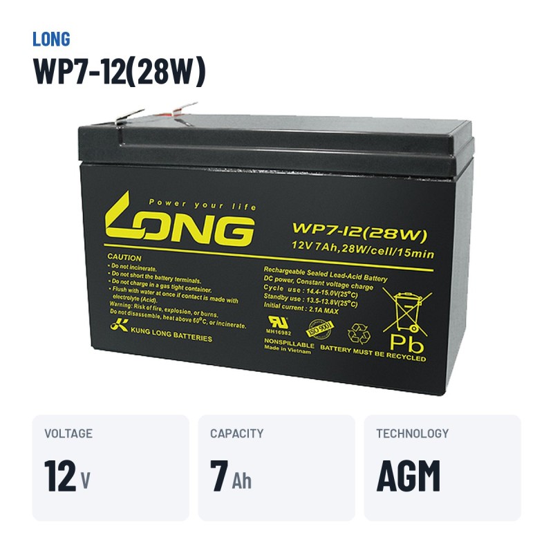 Batteria stazionaria UPS Long WP7-12(28W) 12V 7Ah AGM – dati principali
