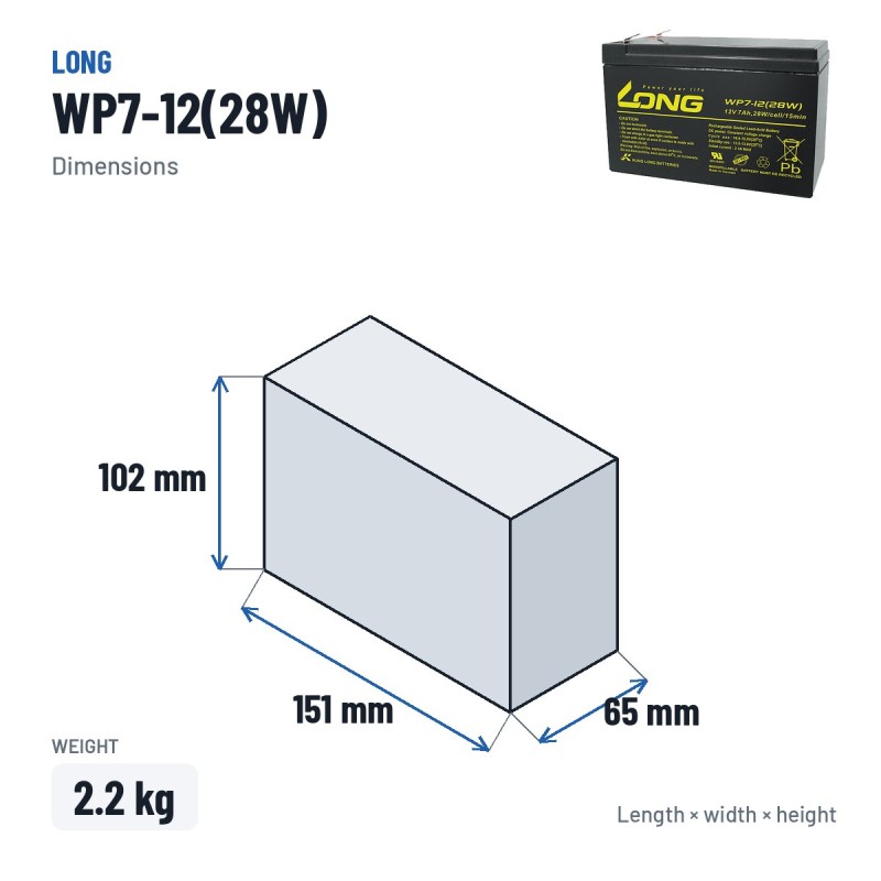 Batteria stazionaria UPS Long WP7-12(28W) 12V 7Ah AGM – dimensioni 151 × 65 × 102 mm