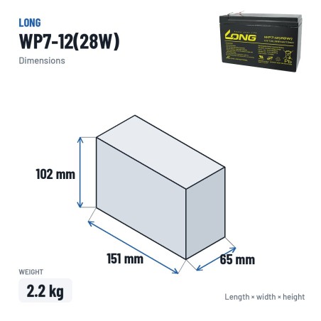 Batteria stazionaria UPS Long WP7-12(28W) 12V 7Ah AGM – dimensioni 151 × 65 × 102 mm