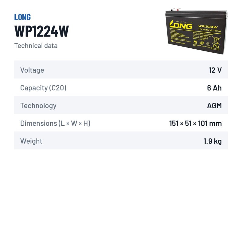 Batteria stazionaria UPS Long WP1224W 12V 6Ah AGM – scheda tecnica