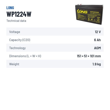 Stationärbatterie USV Long WP1224W 12V 6Ah AGM – technische Daten
