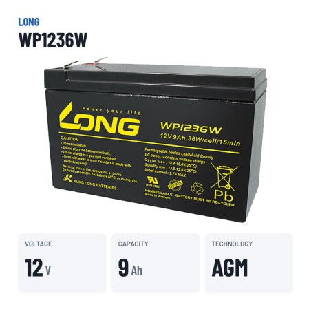 Batteria stazionaria UPS Long WP1236W 12V 9Ah AGM | baterias.com