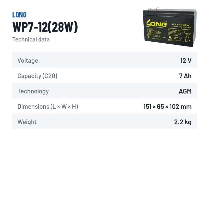 Batteria stazionaria UPS Long WP7-12(28W) 12V 7Ah AGM – scheda tecnica