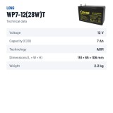 Batteria stazionaria UPS Long WP7-12(28W)T 12V 7Ah AGM – scheda tecnica