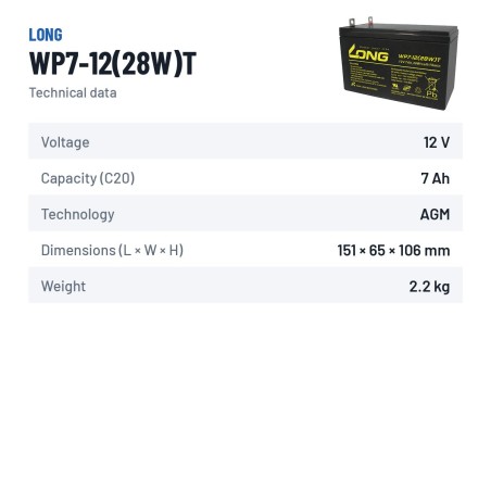 Batterie stationnaire onduleur Long WP7-12(28W)T 12V 7Ah AGM