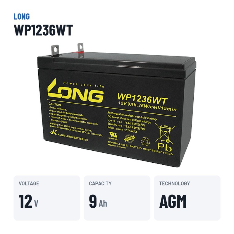 Batteria stazionaria UPS Long WP1236WT 12V 9Ah AGM – dati principali