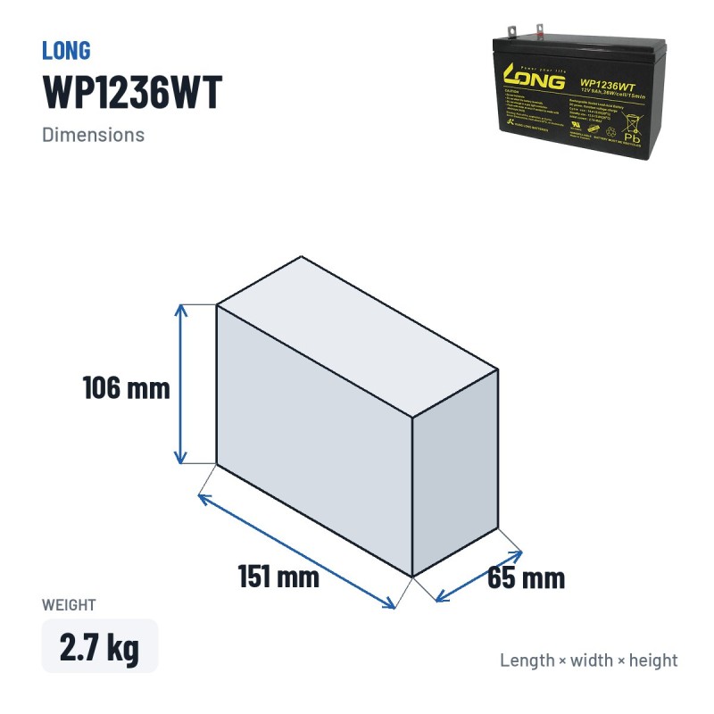 Batteria stazionaria UPS Long WP1236WT 12V 9Ah AGM – dimensioni 151 × 65 × 106 mm
